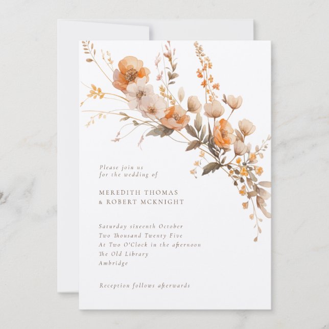 Luxury Fall Brown & Tan Wildblumen Hochzeit Einladung (Vorderseite)