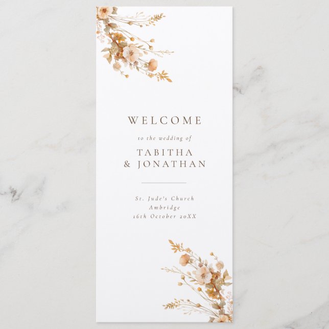 Luxury Fall Brown & Tan Wildblumen Hochzeit Programm (Vorderseite)
