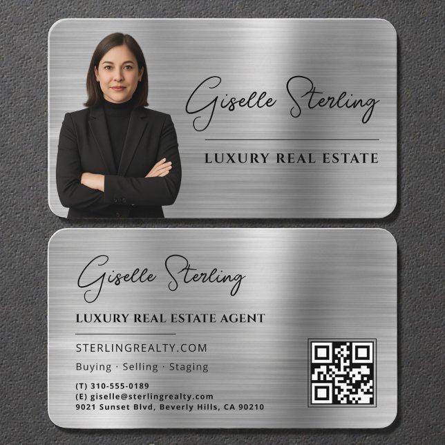 Luxury Faux Silver Metallic Realtor Photo QR Code Visitenkarte (Von Creator hochgeladen)