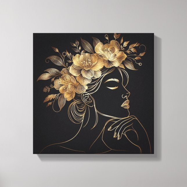 Luxury Feminine Face with Golden Floral Crown Leinwanddruck (Vorderseite)