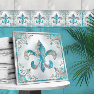 Luxury Fleur-de-lis - Aquamarine und Pearl Fliese