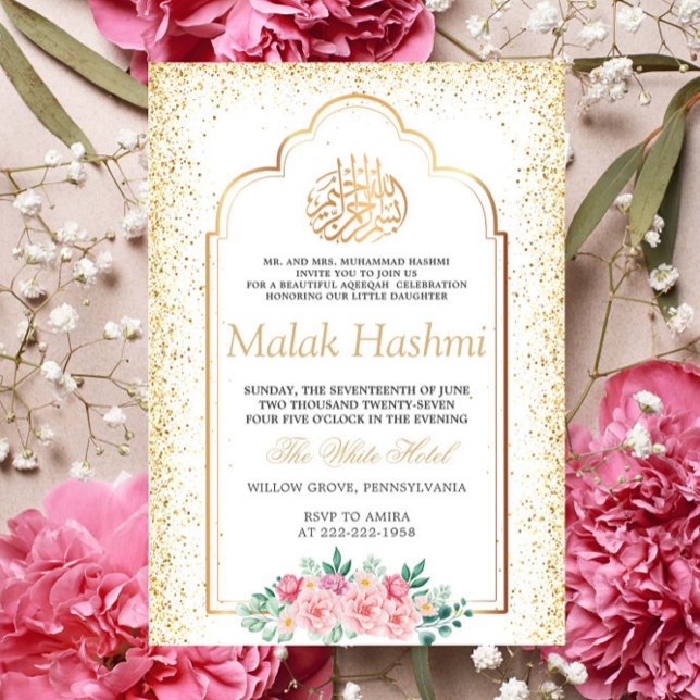 Luxury Floral Gliter Gold Islamische Aqiqa Aqeeqa Einladung (Von Creator hochgeladen)