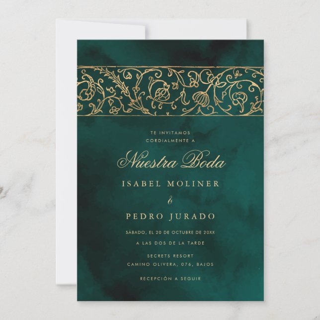 Luxury Floral Gold & Green Nuestra Boda Wedding Einladung (Vorderseite)