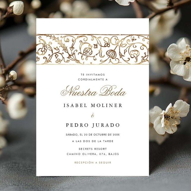 Luxury Floral Gold Nuestra Boda Spanish Wedding Einladung (Von Creator hochgeladen)