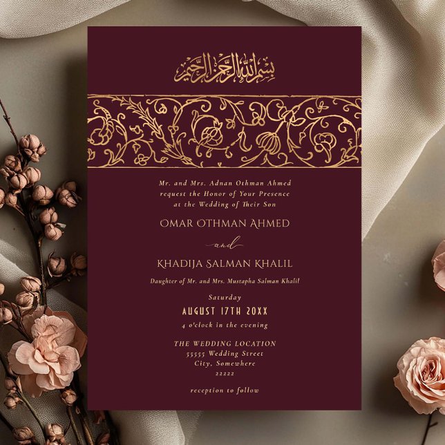 Luxury Floral Gold Red Maroon Islamic Wedding Einladung (Von Creator hochgeladen)