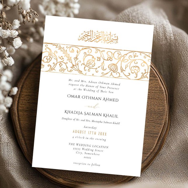 Luxury Floral Gold & White Islamic Muslim Wedding Einladung (Von Creator hochgeladen)