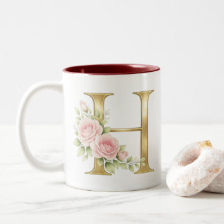Luxury Floral Monogram Letter H – Elegant Gold Ini Zweifarbige Tasse