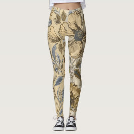 Luxury Flowers are Blooming, Gold Beige Soft Blue Leggings