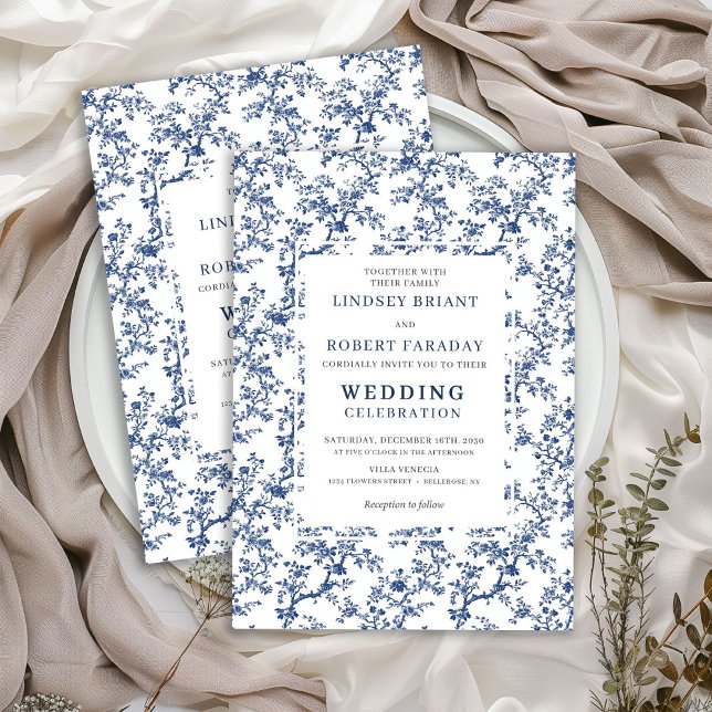 Luxury French Toile de Jouy Blue Wedding Invite Einladung (Luxury French Toile de Jouy Blue Wedding Invite)