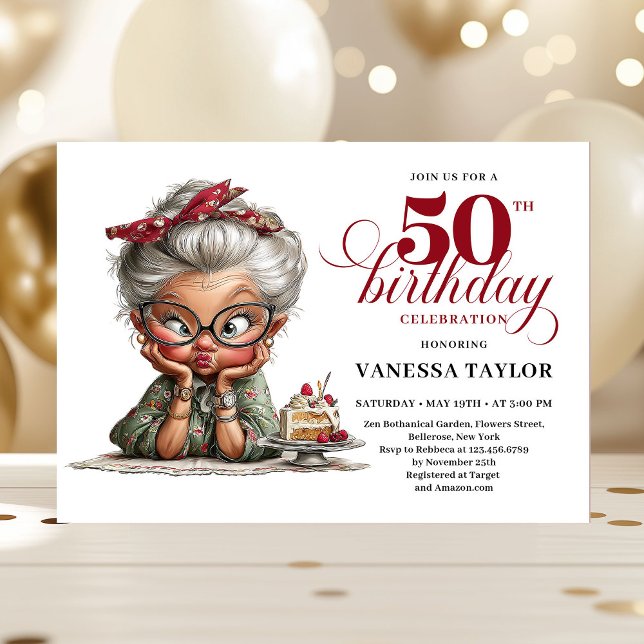 Luxury Funny Lady 50th Birthday Cartoon Humor  Einladung (Luxury Funny Lady 50th Birthday Cartoon Humor Invitation)