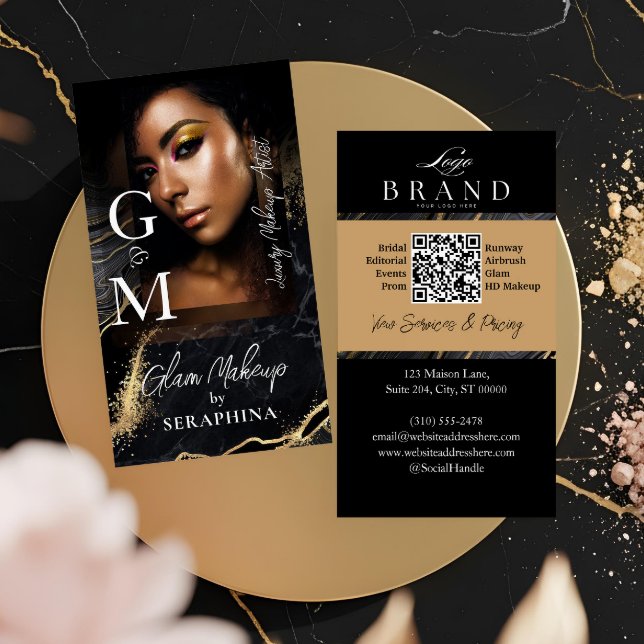Luxury Glam Beauty Makeup Artist Black Gold Agate Visitenkarte (Luxury Glam Beauty Makeup Artist Black Gold Agate Business Card)