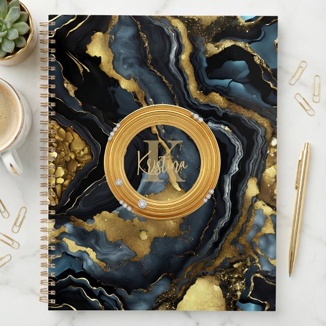 Luxury Glam Black Blue Gold Agate Marble Monogram Planer (Von Creator hochgeladen)