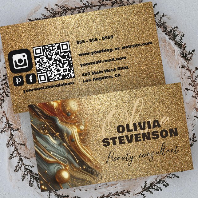 Luxury Glam Glittery Gold Marble Beauty Consultant Visitenkarte (Von Creator hochgeladen)
