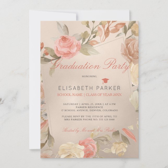 Luxury Glam Peach Cream Floral Graduation Party Einladung (Vorderseite)