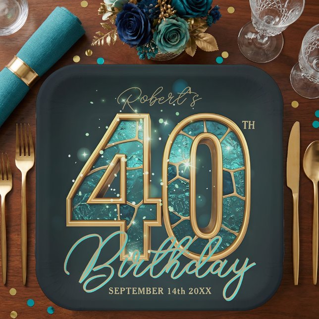 Luxury Glam Teal Gold Agate 40th Birthday Party Pappteller (Von Creator hochgeladen)