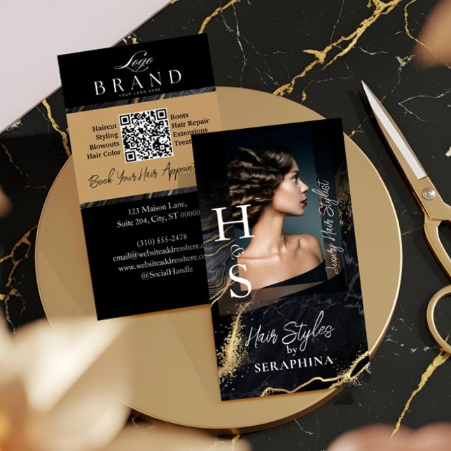 Luxury Glamor Hair Stylist Salon Black Gold Agate Visitenkarte (Luxury Luxury Hair Stylist Salon Black Gold Agate Business Card)
