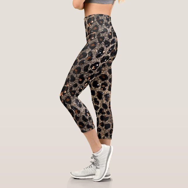 Luxury Glitter Brown Black Gold Leopard Pattern Capri Leggings (Links)