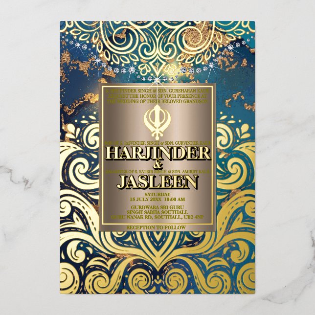 Luxury Glitzer Blue Sikh Anand Karaj Indian Folieneinladung (Vorderseite)