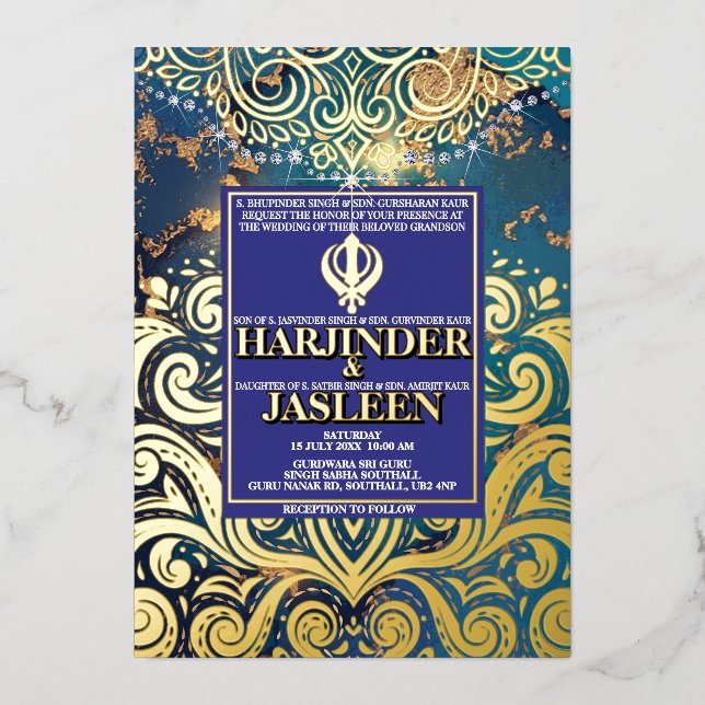 Luxury Glitzer Blue Sikh Anand Karaj Indian Folieneinladung (Vorderseite)