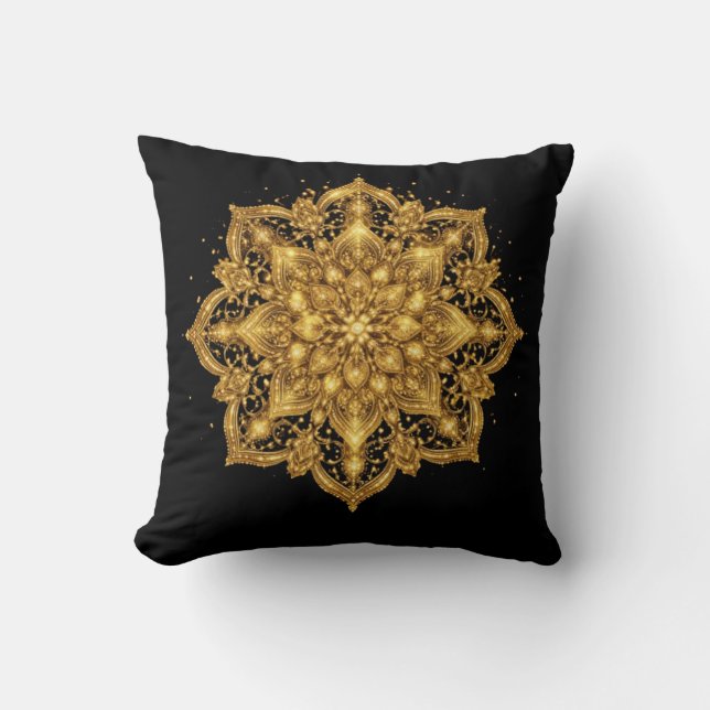 Luxury Gold and Black Mandala Throw Pillow Kissen (Vorderseite)