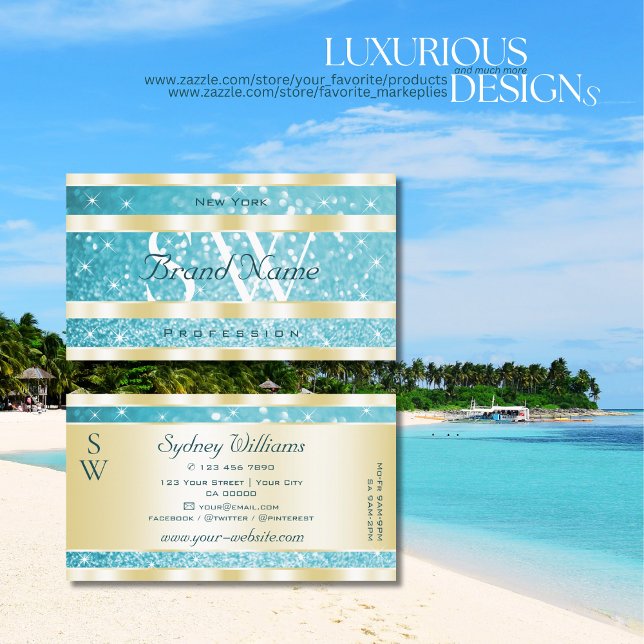 Luxury Gold Aquamarin Glitzer Luminous Stars Monog Visitenkarte (Von Creator hochgeladen)