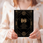 Luxury Gold Art Deco Great 1920s Sweet 16 Einladung<br><div class="desc">Feiern Sie den süßen 16 Meilenstein mit unserem Art Deco Sweet 16 Invitation, eine perfekte Mischung aus Vintagem Charme und modernem Flair! Begeben Sie Ihre Feier in die glamouröse Ära der Roaring Zwanziger, wo Eleganz und Stil die Bühne in den Mittelpunkt stellen. Diese Einladung ist mehr als eine einfache Ankündigung;...</div>