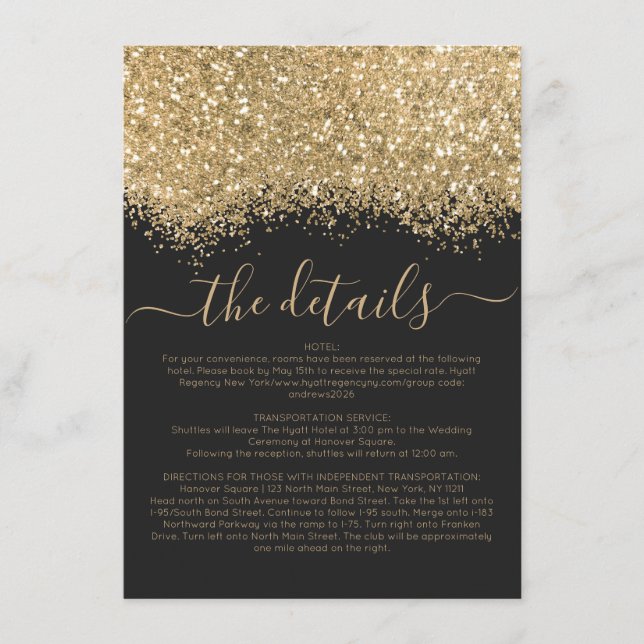 Luxury Gold Black Glitzer Confetti Wedding Details Begleitkarte (Vorderseite)