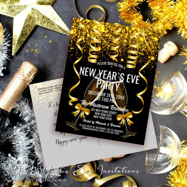 Luxury Gold Black New Year`s Eve Party Invitation Postkarte (Von Creator hochgeladen)