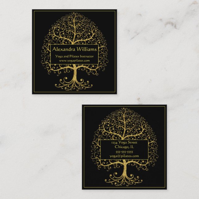 Luxury Gold Black Tree of Life Personalisiert Quadratische Visitenkarte (Vorne/Hinten)