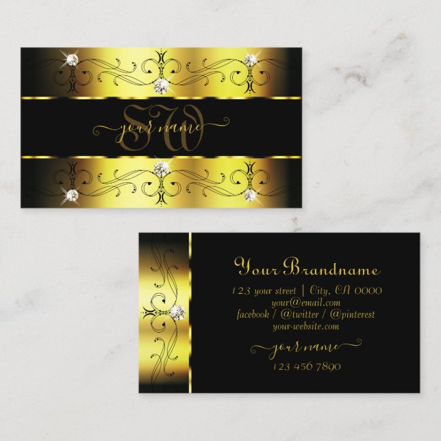 Luxury Gold Black Verziert Borders Jewels Monogram Visitenkarte (Vorne/Hinten)