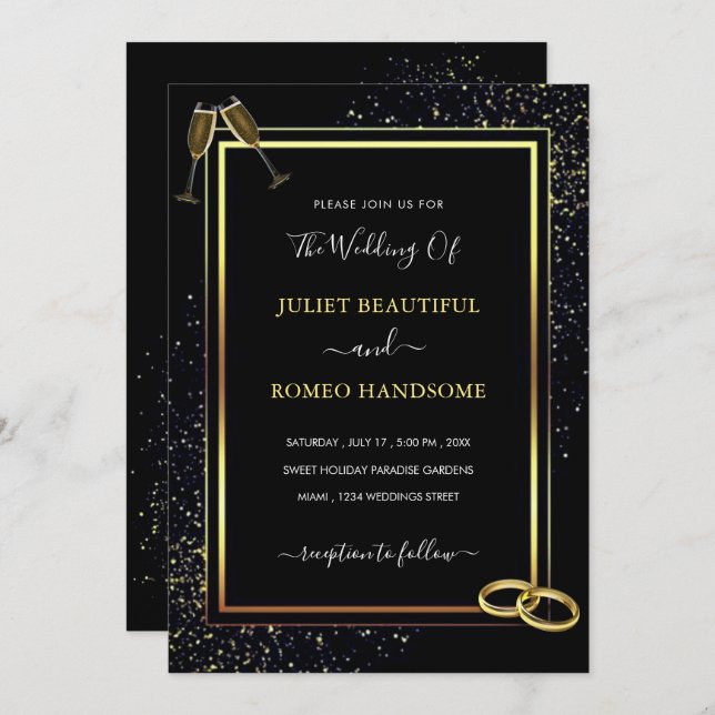 Luxury Gold Black Wedding Einladung (Vorne/Hinten)