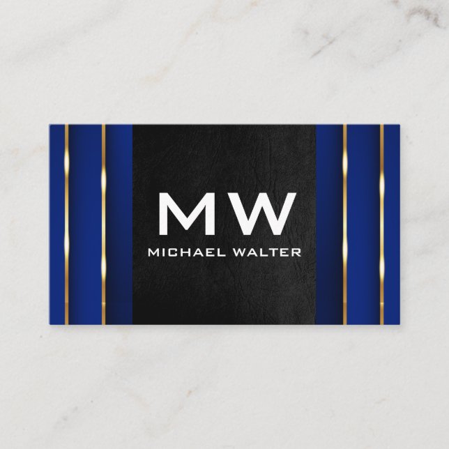 Luxury Gold Blue Background | Schwarzleder Visitenkarte (Vorderseite)