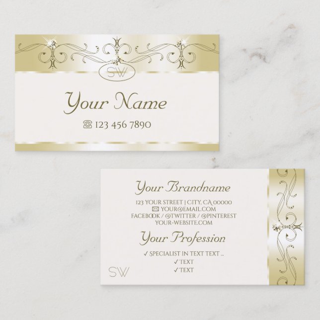 Luxury Gold Cream Verziert Sparkling Juwelen Initi Visitenkarte (Vorne/Hinten)