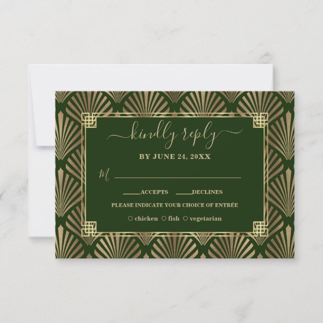 Luxury Gold Dark Green Art Deco Hochzeit RSVP Karte (Vorderseite)