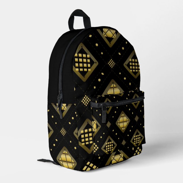 Luxury Gold Diamond Geometric Pattern on Black Bedruckter Rucksack (Rückseitige Ecke links)