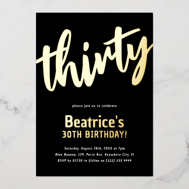 Luxury Gold 'dreißig' Erwachsenenmeilenstein 30. G Folieneinladung (Vorderseite)