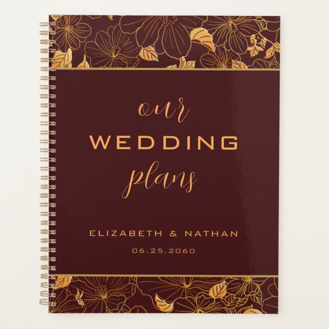 Luxury Gold Floral Burgundy Wedding Planner Planer (Vorderseite)