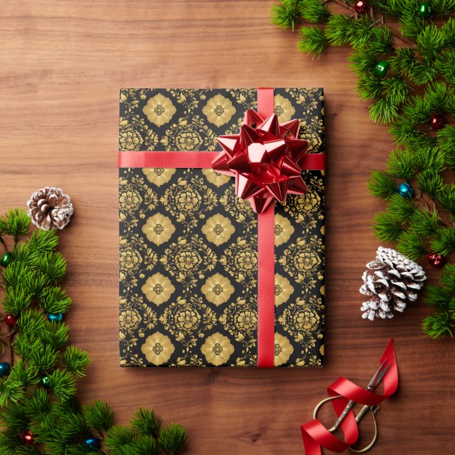 Luxury Gold Floral Damask Pattern On Black Geschenkpapier (Feiertagsgeschenk)