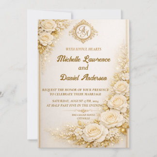 Luxury Gold Floral Wedding with Monogram Einladung