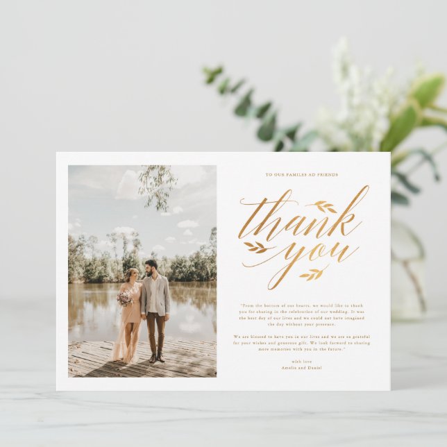 Luxury Gold Foil Calligraphy Foto Wedding Dankeskarte (Stehend Vorderseite)