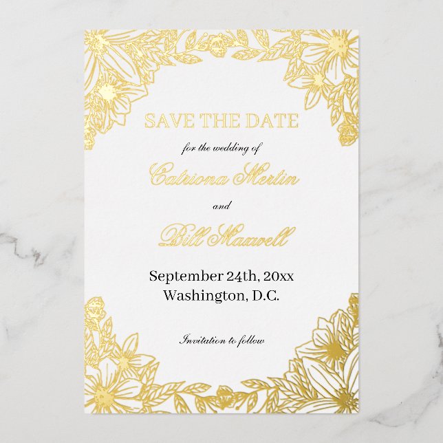 Luxury Gold Foil Floral Save The Date Card Folieneinladung (Vorderseite)