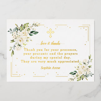 Luxury Gold Foil White Flowers Baptism Thank You Folieneinladung