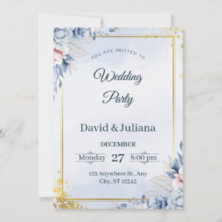 Luxury Gold Frame Navy Blue Floral Wedding Invitat Einladung