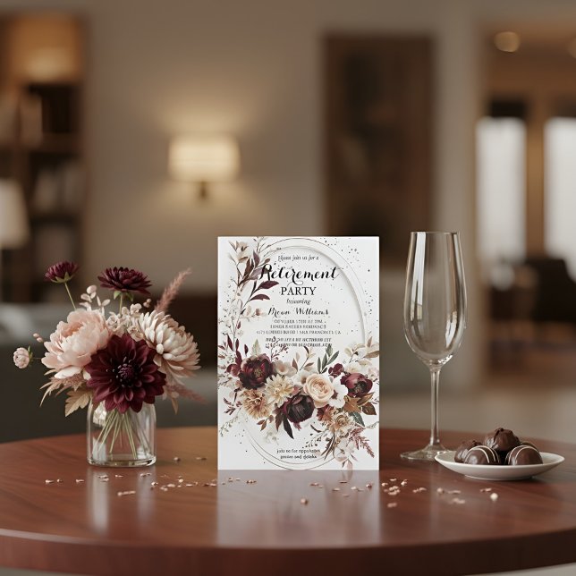 Luxury Gold Geometric Burgundy Floral Retirement I Einladung (Von Creator hochgeladen)