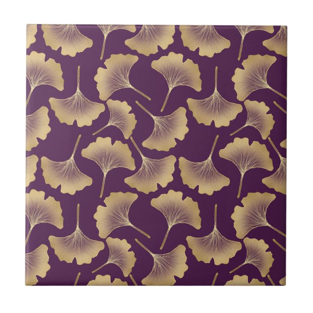 Luxury Gold Ginkgo Leaves on Deep Purple (6) Fliese (Vorderseite)