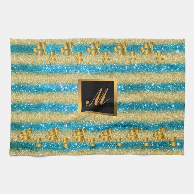 Luxury Gold Glitter Blue Floral Gift Geschirrtuch (Horizontal)