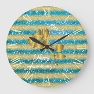 Luxury Gold Glitter Blue Floral Gift Große Wanduhr