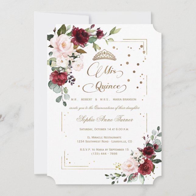 Luxury Gold Glitter Floral Mis Quince Quinceañera Einladung (Vorderseite)