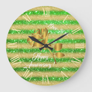 Luxury Gold Glitter Green Floral Gift Large Clock Große Wanduhr