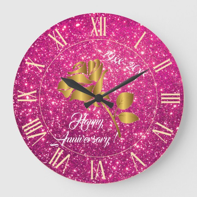 Luxury Gold Glitter Pink Floral Gift Große Wanduhr (Vorderseite)
